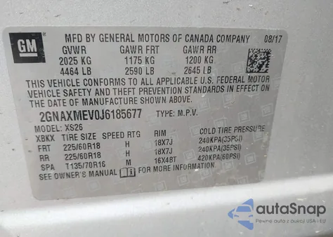 2018 Chevrolet Equinox Premier z USA, uszkodzony, nr VIN 2GNAXMEV0J6185677